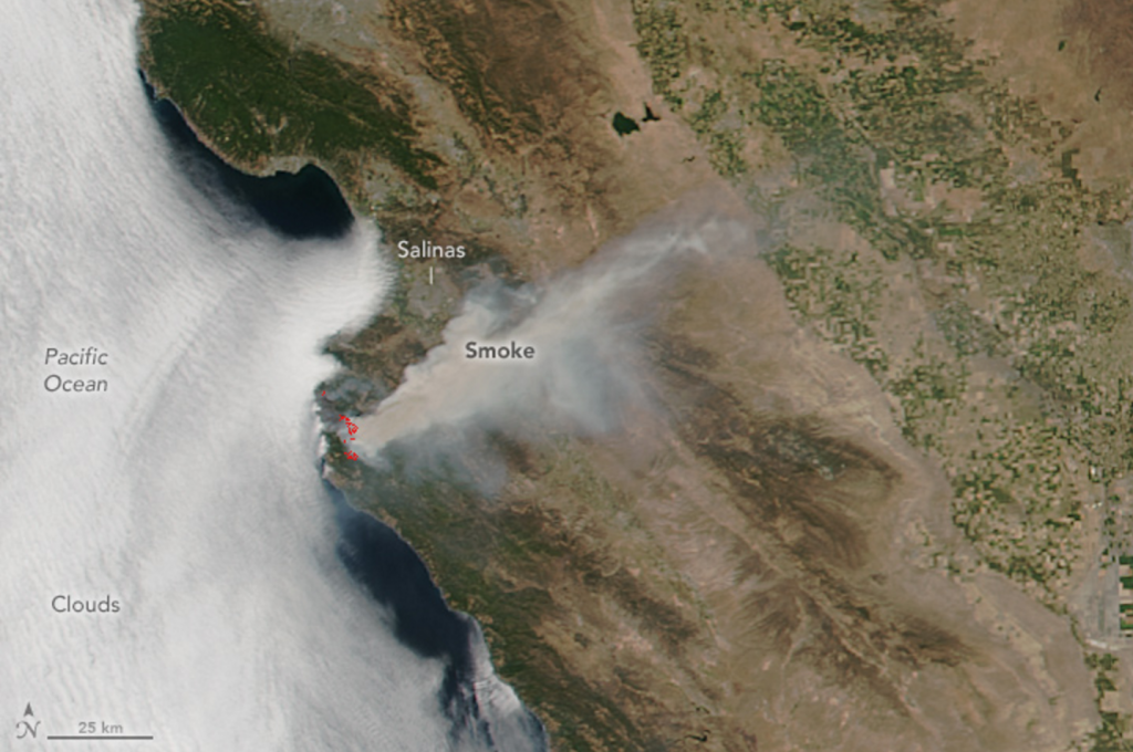 Soberanes fire, image captured by satellite. 24 July 2016 © Jeff Schmaltz, NASA