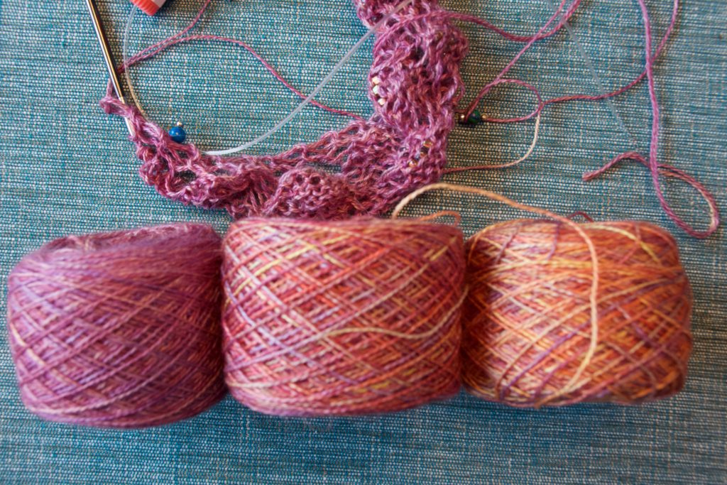 Three skeins of Malabrigo Silkpaca yarn, all in the colorway Archangel 27 October 2016 © Allison J. Gong