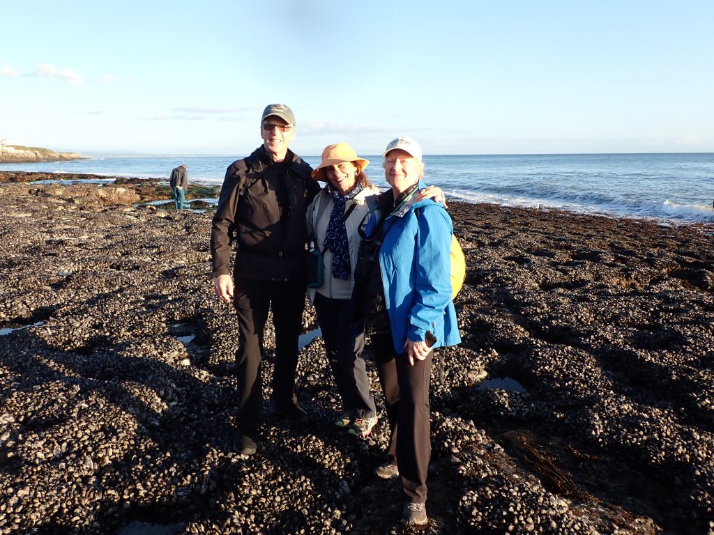 Andrew, Marla, and Betsy standing on intertidal mussel bed at Natural Bridges State Beach